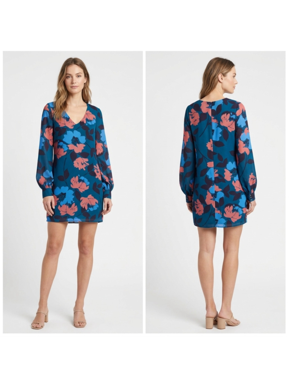 Charles Henry Floral Long Bishop Sleeve Shift Dress V-Neck Blue Pink Size Small